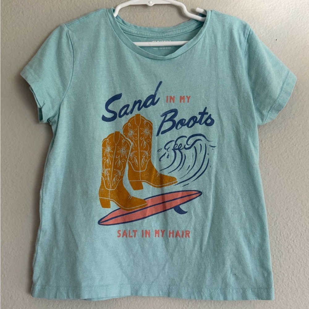 Old Navy Light Teal Short Sleeve Tee with Yellow Boots Surf Graphic